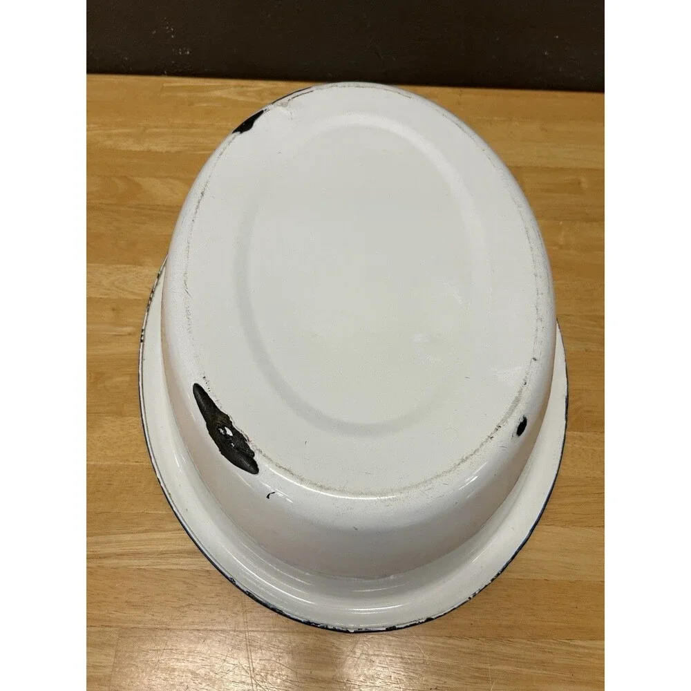 Vintage Enamelware Wash Basin White Black Trim 20x16 Farmhouse Rustic Primitive